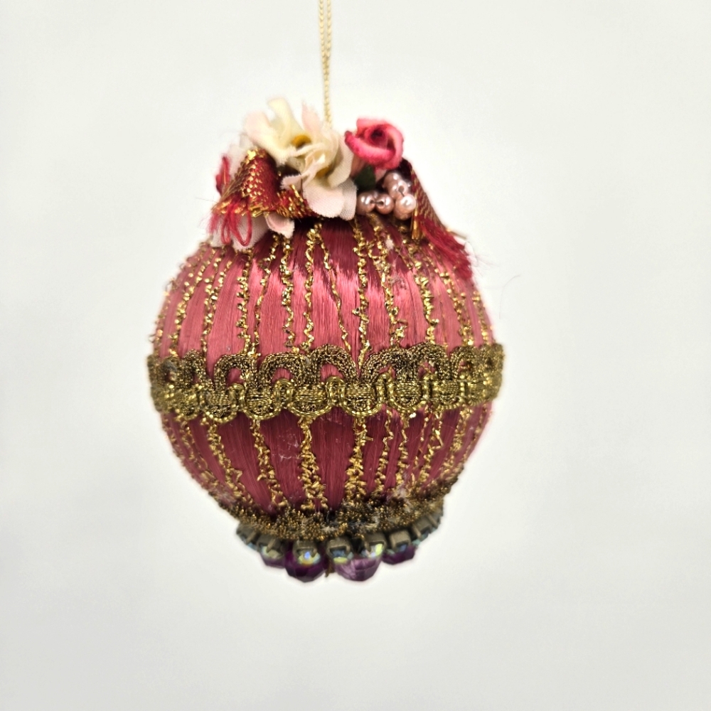 Vintage‎ Push Pin Ornament Rose Pink Floral Gold Thread Jewel Victorian Elegant